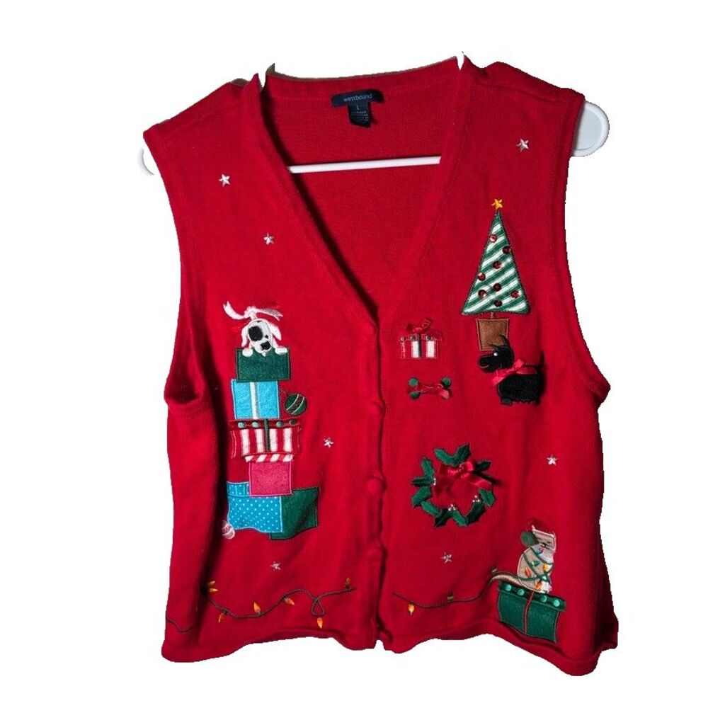 Westbound Sweater Vest Women's Large Red Ramie V-Neck Button Up Christmas Dog